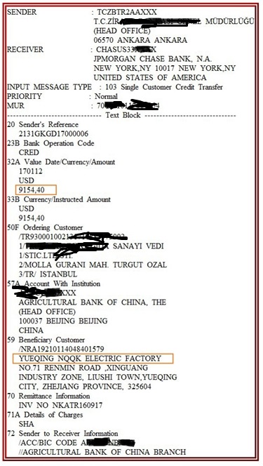 Received Turkey client first order money transfer US$9154.4