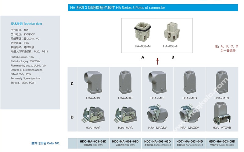 HA series 3 Poles of connector heavy duty power connector