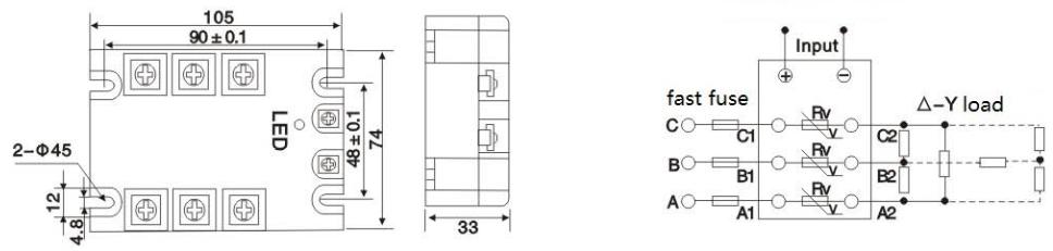 DC or AC control 10 - 120 A three phase solid state relay with LED indicator