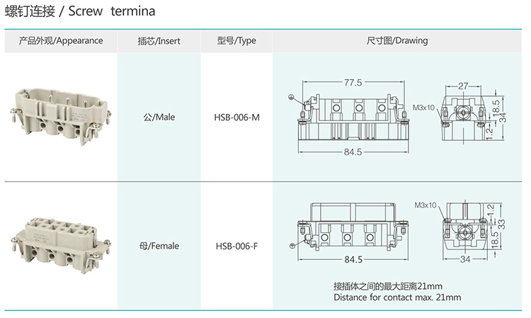 HSB-006 6Pin Big Current Type Insert Heavy duty connector