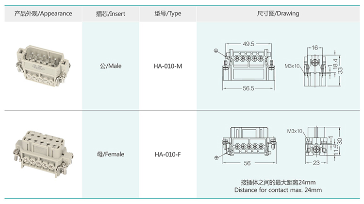 HA-010 10Pin Screw termina Small Insert  Heavy duty connector